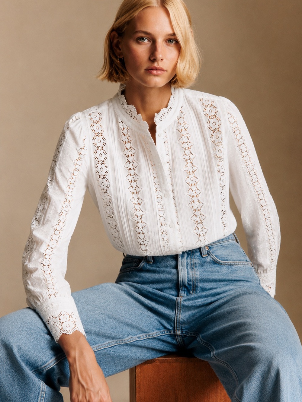 Sezane Rym White Lace Embroidered Eyelet Victorian Blouse in Ecru Medium